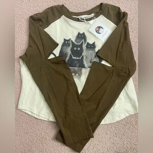Taobao Women Brand New Cat Graphic T-Shirt - Brown and Cream